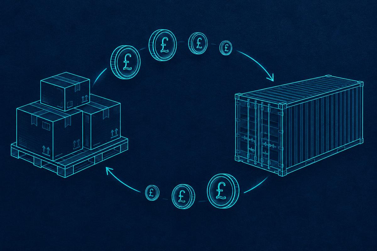 Line illustration of stacked stock cartons and a shipping container linked by a loop of pound coins